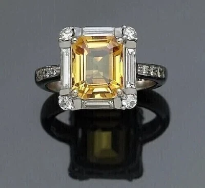 Anillo de compromiso de oro blanco de 14 quilates citrino amarillo natural esmeralda de 5,00 quilates para mujer Foto 1 de 4