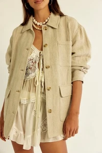 Free People Lucy Linen Chore Coat In Natural S 6 Women's Linen Jacket NEW 44132 - Picture 1 of 12