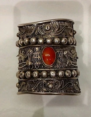Grand bracelet Manchette Ancien Indochine - Argent Massif - Photo 1/4