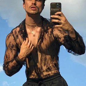 Summer New Men's Lace Long Sleeved Shirt T-Shirt Perspective Mesh Shirt Bottom - Picture 1 of 5