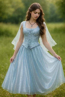 Blue Organza Corset Long Formal Fairy Gown Dress W Shawl Wrap Women’s 12 VTG - Image 1 of 4