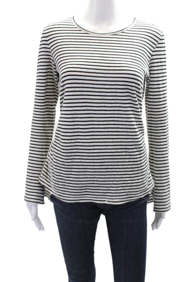 Top de manga larga con estampado de rayas de algodón con marco para mujer blanco negro talla S Foto 1 de 4