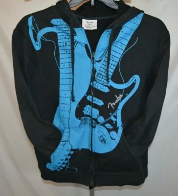 Fender Full Zip Men's Medium Blue Black Rock n Roll Guitars Hoodie Foto 1 de 4