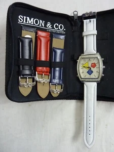Simon & Co Silver Finish Fashion Bling Watch 4 Straps - White, Black, Red, Blue - Picture 1 of 4