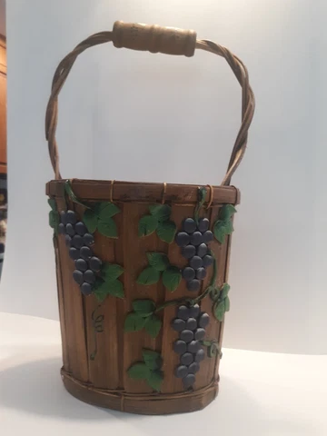 Antique Barbola Gesso Brown Basket with grape vine C1920 split slat handle Cover