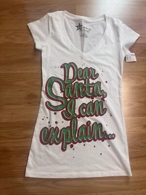 NWT Medium White Dear Santa I Can Explain T-shirt V-Neck Hybrid Christmas New - Image 1 of 4