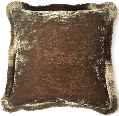 ANKE DRECHSEL Cushion PLAIN Fringe New Grey Silk Velvet Pillow Kissen Braun - Bild 1 von 4