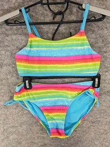 Xhilaration Swimsuit Girls Large 10 12 Two Piece Blue Pink Rainbow Side Gathers - Picture 1 of 20