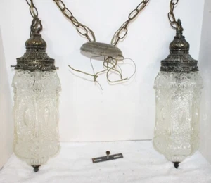 Vintage Pair Crystal Glass & Brass Hanging Pendant Ceiling Light Fixtures 1950's - Picture 1 of 24
