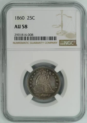 1860 SEATED LIBERTY QUARTER 25C NGC CERTIFIED AU 58 ABOUT UNCIRCULATED (008) Cover