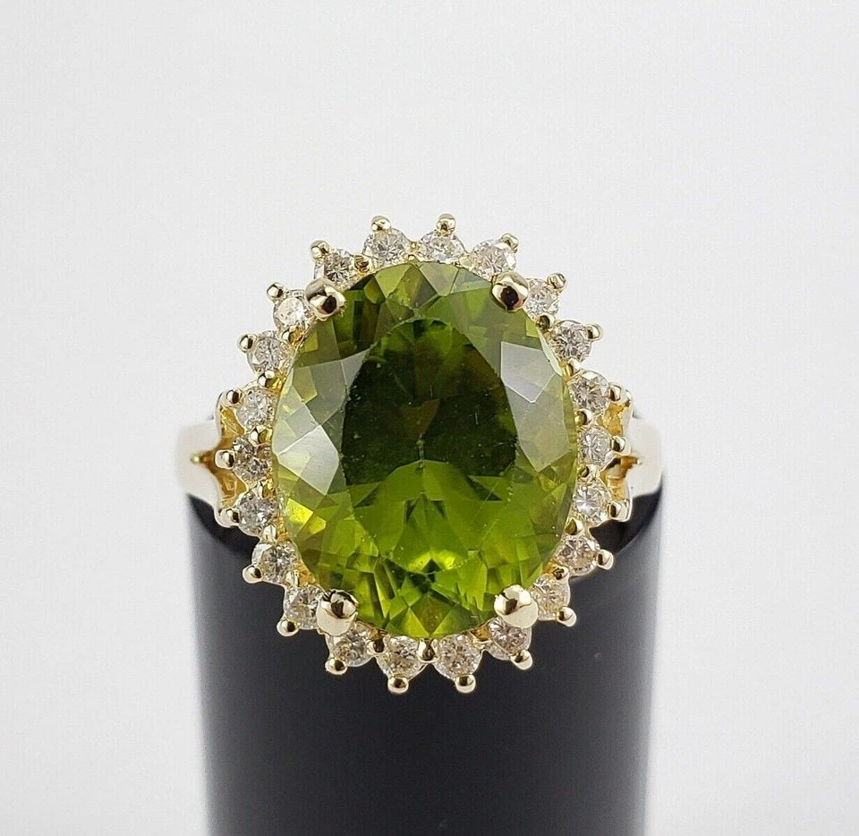Natural Peridot and Diamonds Gemstone Ring 14k Yellow Gold Cocktail Ring - Image 1 of 4