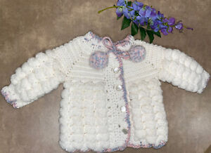 Handmade Crocheted Baby Girl Cardigan White Sweater Pink Blue 6-12 Months