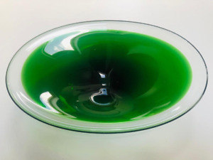 Vintage Green and Clear Oval Murano Style Glass Centerpiece Bowl