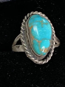 Vtg Navajo Sterling Silver Bezel Set Turquoise Ring Sz 6.5 Rope Twist Frame - Picture 1 of 7