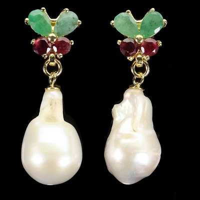 925 Sterling Silver Earrings Pear Emerald 6x4mm Ruby Pearl Gemstone Jewelry - Image 1 of 4