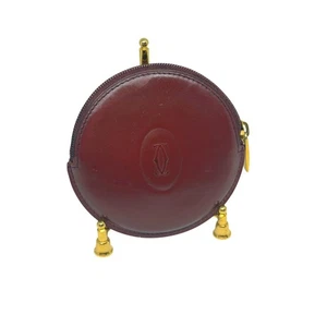 Cartier Burgundy Leather Round Coin Pouch Purse Vintage Authentic - Picture 1 of 8