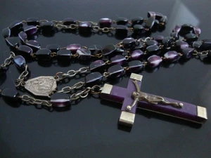 Antiker LOURDES FAB seltener lila handgefertigter Glas Rosenkranz Lourdes gepunzt Kreuz - Bild 1 von 7