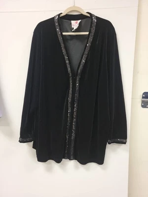 Quacker Factory Womens 3X Jacket Black Velvet Sequin Trim Open Front Plus Size - Image 1 of 4
