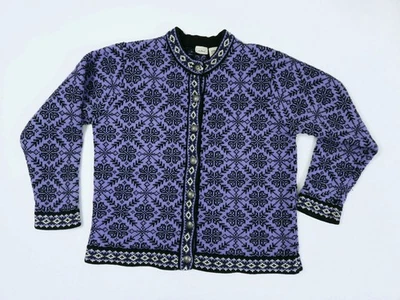 LL Bean Vintage Purple Snowflake Cardigan Sweater Marino Lambswool Women's Large - Image 1 of 4