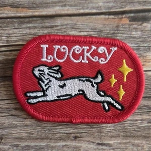 Frolicking Rabbit Lucky Charm 70s Retro Style Luck Bunny Iron on Patch - Picture 1 of 2