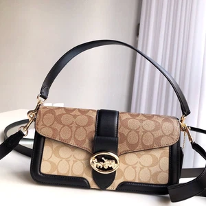 COACH 5509 Georgie Shoulder Bag In Blocked Signature Canvas Khaki/ Black Outlet - Picture 1 of 8