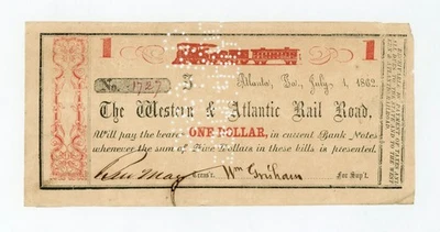 July 1, 1862 $1 Western & Atlantic Rail Road - Atlanta GEORGIA Note w/ TRAIN - Image 1 of 2