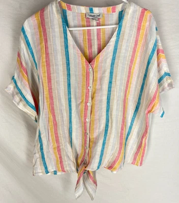 COLDWATER CREEK 衬衫大号条纹亚麻可持续海滩度假村艺术学院风 — 第 1/4 张图片