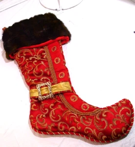Christmas Tall Stocking w Fur Top Jewels & Elf Toe Size 22"x15"in Red/Black NEW - Picture 1 of 9