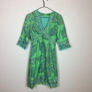 Tibi Sheath Dress Size 8 Womans Green Blue Paisley 100% Silk V-Neck 3/4 Sleeve - Picture 1 of 16