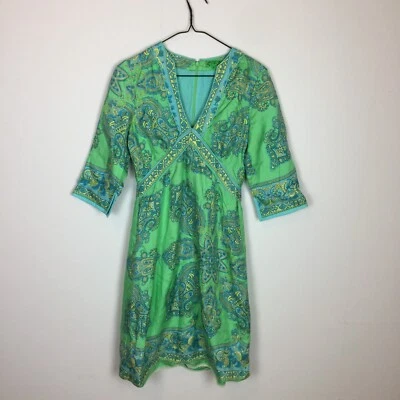 Vestido Vaina Tibi Talla 8 Mujer Verde Azul Paisley 100% Seda Cuello en V Manga 3/4 Foto 1 de 4