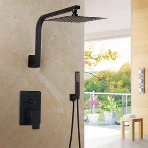 8" Black Shower Faucet Set Square Head Rainfall Hand Hand Shower Mixer Valve Tap - Picture 1 of 8