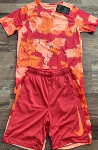 NWT Nike Boys YMD/YLG Dk Orange/Lt Orange Camouflage Dri-Fit Shorts Set M/L - Picture 1 of 3