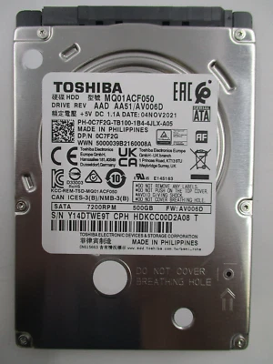Toshiba MQ01ACF050 500GB 2.5" 7.2K RPM 6Gb/s 7MM SATA HDD Drive Dell P/N: 0C7F2G - Image 1 of 3