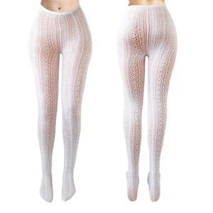 New Womens White Striped Knitted Tights Cute Ladies Thick Hosiery UK Sizes 6-16 - Picture 1 of 5
