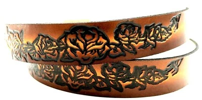 ROSES FLORAL FLOWER EMBOSSED 100% GENUINE COWHIDE LEATHER BELT MADE IN USA - Image 1 of 3
