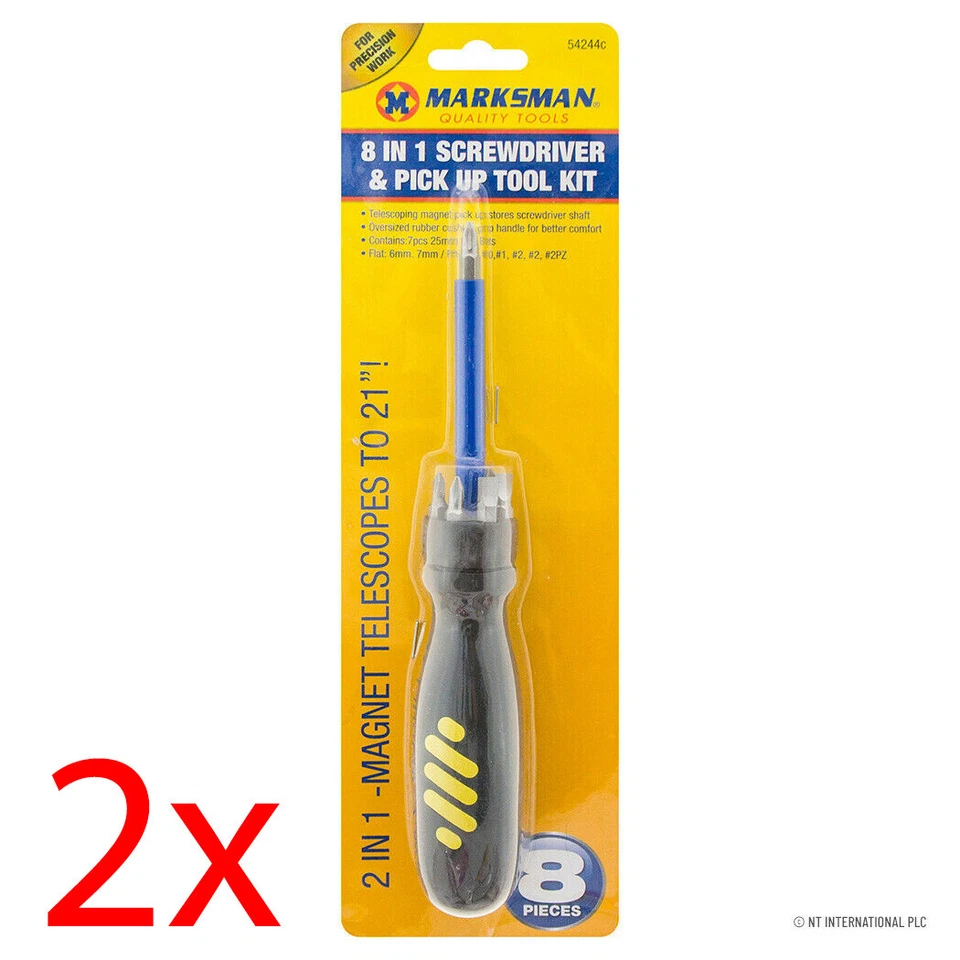 NTI 2 X SCREWDRIVER 8 IN 1 MAGNETIC TELESCOPIC PICK UP TOOL MULTI HEAD PHILLIPS TORX