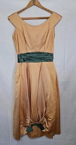 Vtg 50s 60s Dress Lorrie Deb San Francisco Gold With Green Bow Party Puffy Sz S - Picture 1 of 8