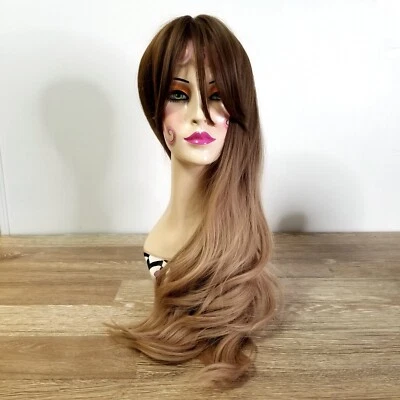 Peruca ondulada longa ombre loira morango marrom com franja mistura de cabelo sintético - Imagem 1 de 4
