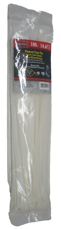 Bridas de cable blancas premium KT Industries 5-9514 14,6" de largo 75 lb tapa paquete de 100 Foto 1 de 1