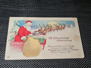 Ein Weihnachtsgruß Weihnachtsmann Rentier Schlitten Schornstein um 1910 Postkarte 1253 - Bild 1 von 7