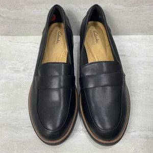 Clarks Collection Women's Black Leather Loafers Slip-On Wedge Heel Shoes Size 10 - Picture 1 of 7
