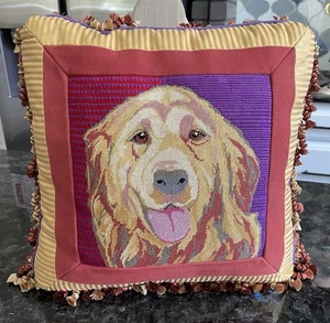 Artisan Nadelspitze Dekokissen skurril Hundeportrait Golden Retriever LESEN - Bild 1 von 15