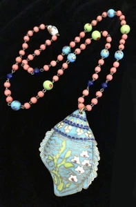 Vintage CHINESE Cloisonne enamel SEASHELL floral Pendant colorful bead NECKLACE - Picture 1 of 6