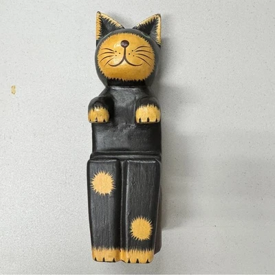 Estatuilla de madera tallada para gatito gato estante negro cuidador Foto 1 de 4