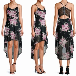 Y2K Damen Neckholder Sommerkleid Größe M Spitze Rücken Blumen Kleid Hi Low transparenter Rock - Bild 1 von 14
