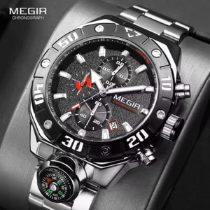 MEGIR Quartz Watch For Men Stainless Steel Watches Mens Chronograph Watch - Picture 1 of 7