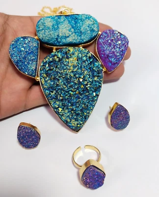 Druzy Necklace Set Natural Druzy Jewelry Set Multi Color Druzy Necklace Set. - Image 1 of 4
