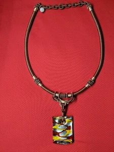 Handmade Wavy Rectangular Glass Pendant Necklace w/ Stunning Cord Work, 21" - Picture 1 of 7