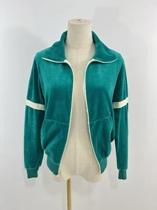 VTG Velour Track Jacket 80s Full Zip Womens S/M Teal Green White 70s Terry Cloth - Picture 1 of 8