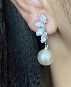 Pearl CZ Flower White Gold Dangle Bridal Wedding Anniversary Clip On Earrings - Picture 1 of 8